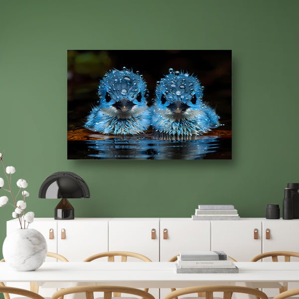 Blauwe Vogels in Ochtenddauw canvas met baklijst