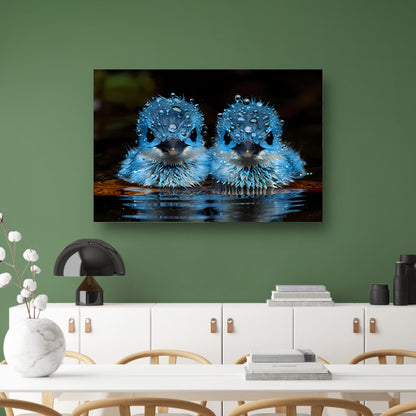 Blauwe Vogels in Ochtenddauw canvas met baklijst