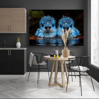 Blauwe Vogels in Ochtenddauw canvas met baklijst