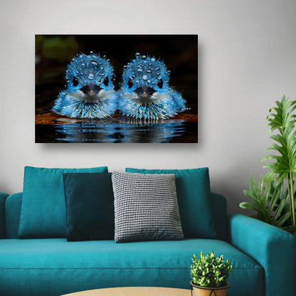 Blauwe Vogels in Ochtenddauw canvas met baklijst