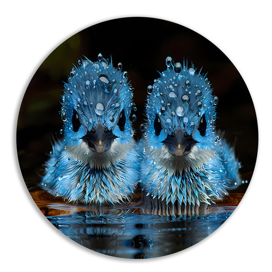 Blauwe Vogels in Ochtenddauw aluminium muurcirkel
