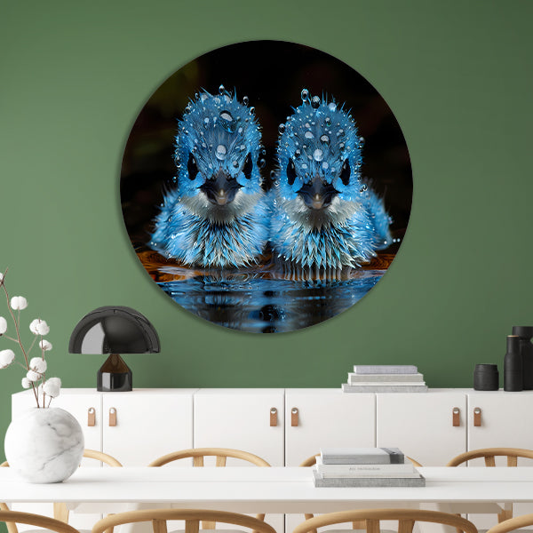 Blauwe Vogels in Ochtenddauw aluminium muurcirkel