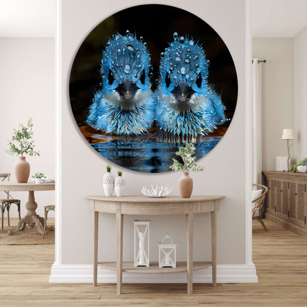 Blauwe Vogels in Ochtenddauw aluminium muurcirkel
