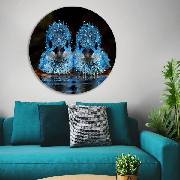 Blauwe Vogels in Ochtenddauw aluminium muurcirkel