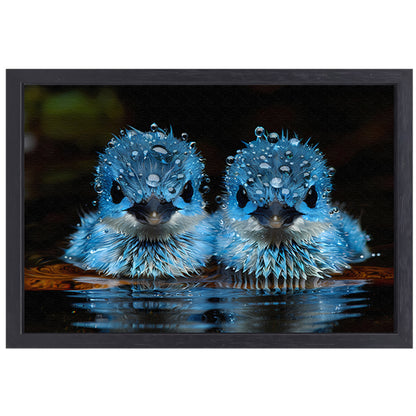 Blauwe Vogels in Ochtenddauw canvas met baklijst