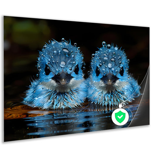 Blauwe Vogels in Ochtenddauw poster