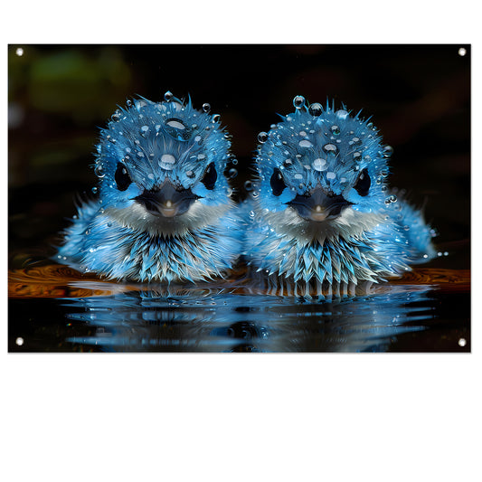 Blauwe Vogels in Ochtenddauw tuinposter