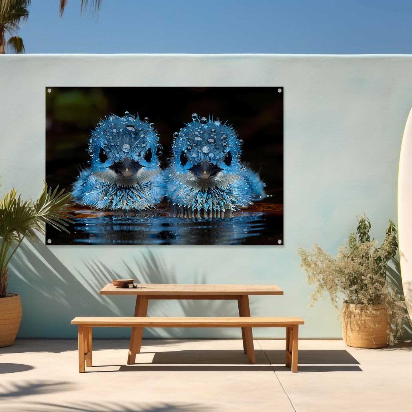 Blauwe Vogels in Ochtenddauw tuinposter