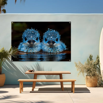 Blauwe Vogels in Ochtenddauw tuinposter