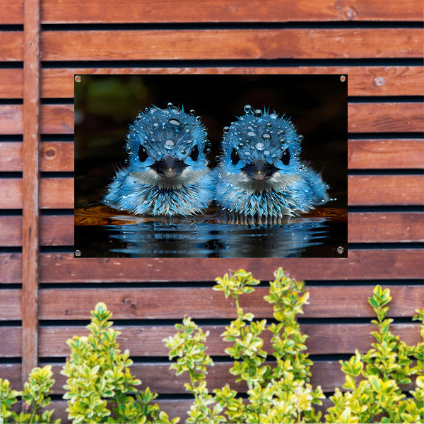 Blauwe Vogels in Ochtenddauw tuinposter