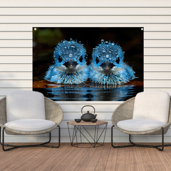 Blauwe Vogels in Ochtenddauw tuinposter