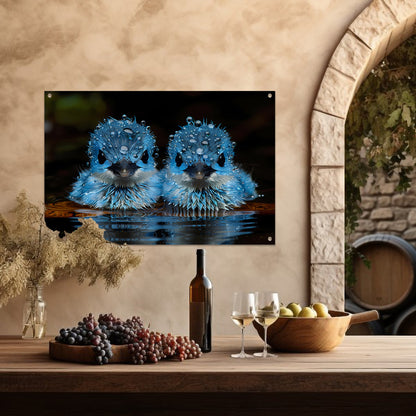 Blauwe Vogels in Ochtenddauw tuinposter