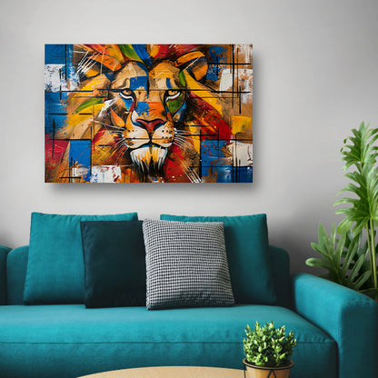 Kleurrijk abstract schilderij van een leeuw acrylglas
