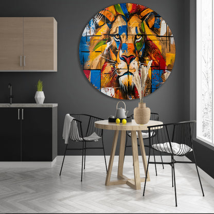 Kleurrijk abstract schilderij van een leeuw aluminium muurcirkel