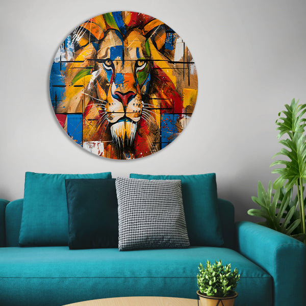 Kleurrijk abstract schilderij van een leeuw aluminium muurcirkel