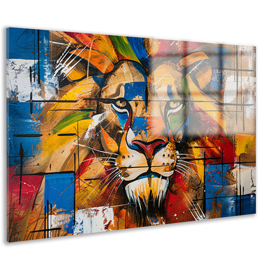 Kleurrijk abstract schilderij van een leeuw acrylglas