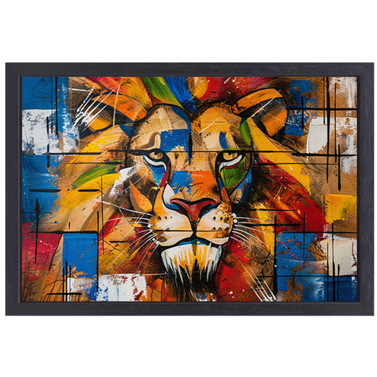Kleurrijk abstract schilderij van een leeuw canvas met baklijst