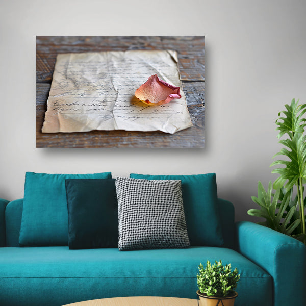 Verwelkte rozenblaadje op oude brief canvas