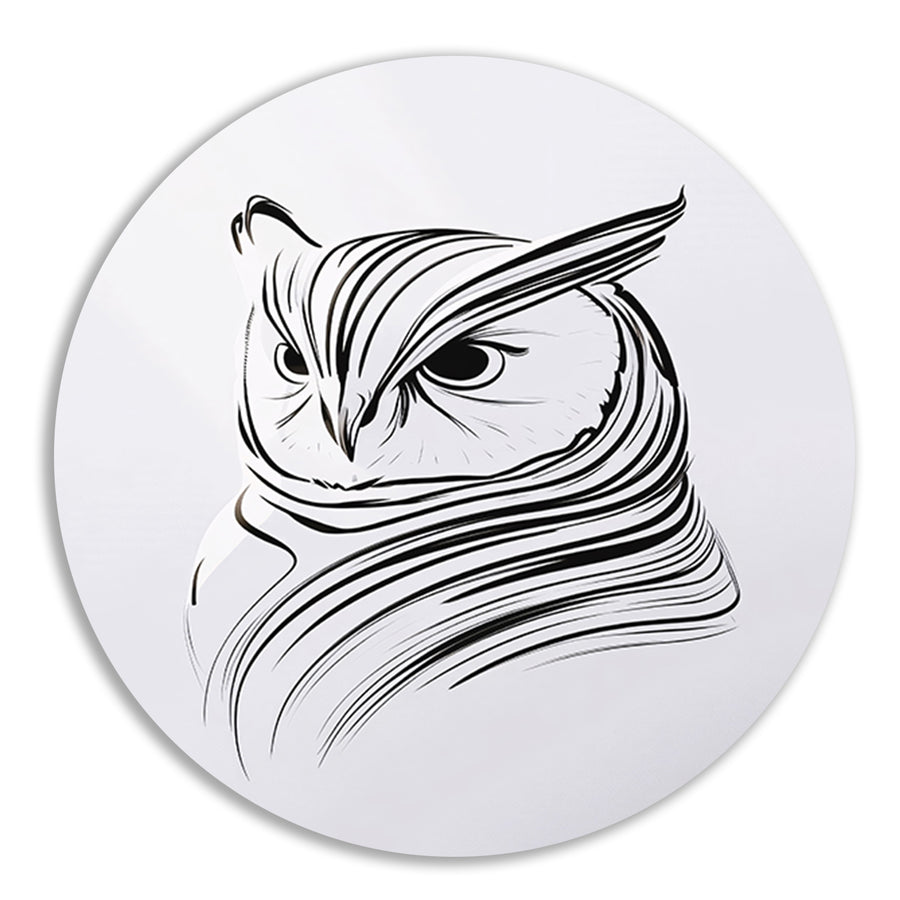 Minimalistische zwart-witte uil lijntekening forex muurcirkel