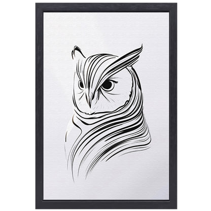 Minimalistische zwart-witte uil lijntekening canvas met baklijst
