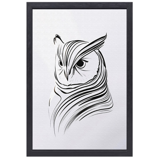 Minimalistische zwart-witte uil lijntekening canvas met baklijst