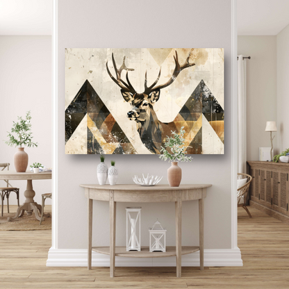 Geometrisch Hert in Sepia en Crème Tinten canvas met baklijst