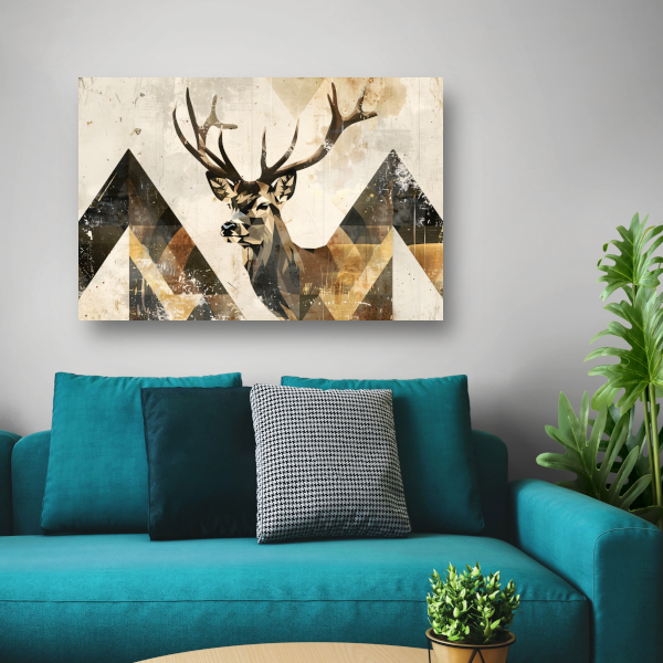 Geometrisch Hert in Sepia en Crème Tinten canvas met baklijst