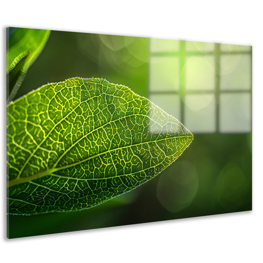 Gedetailleerde close-up van een groen blad acrylglas