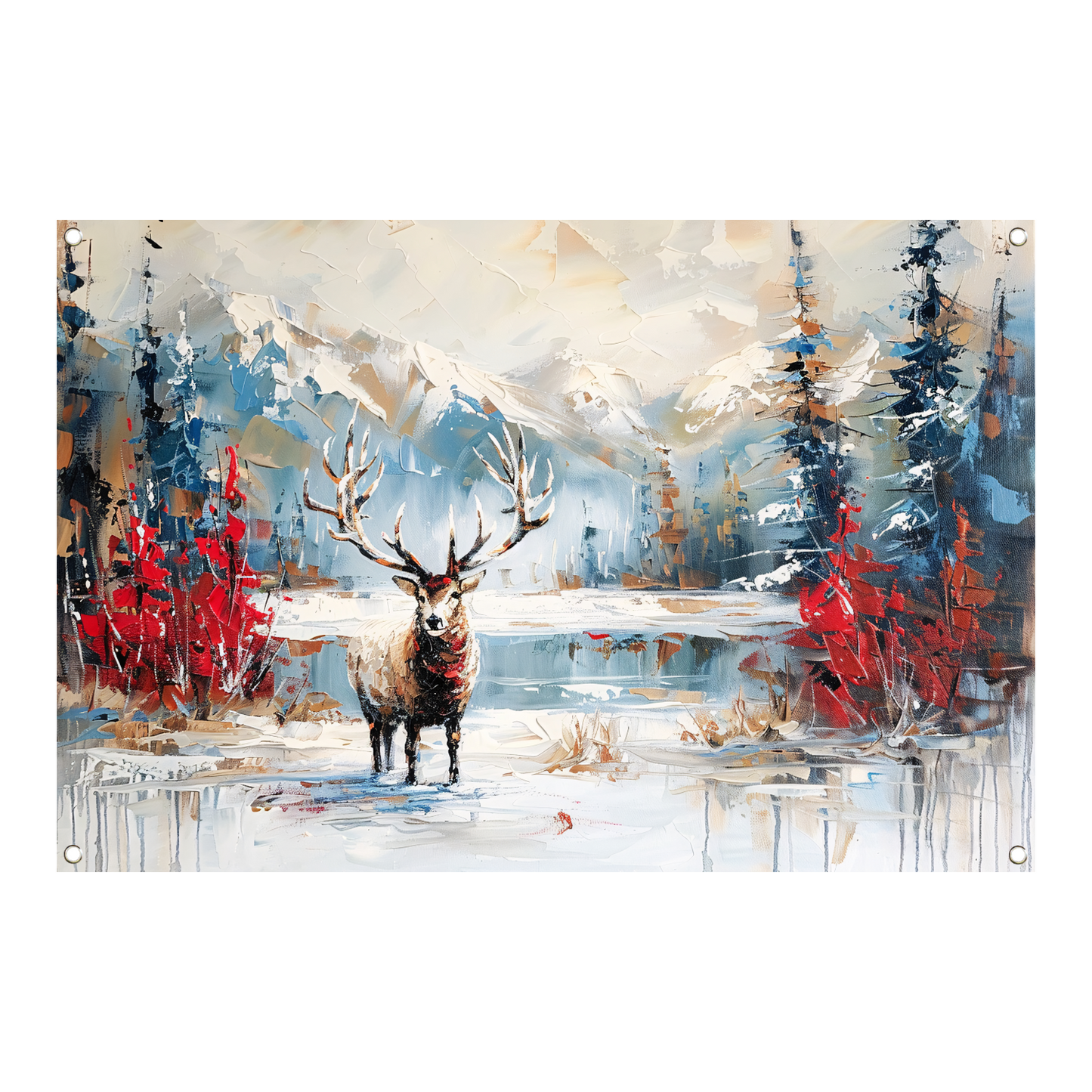Expressief hert in winterlandschap schilderij tuinposter