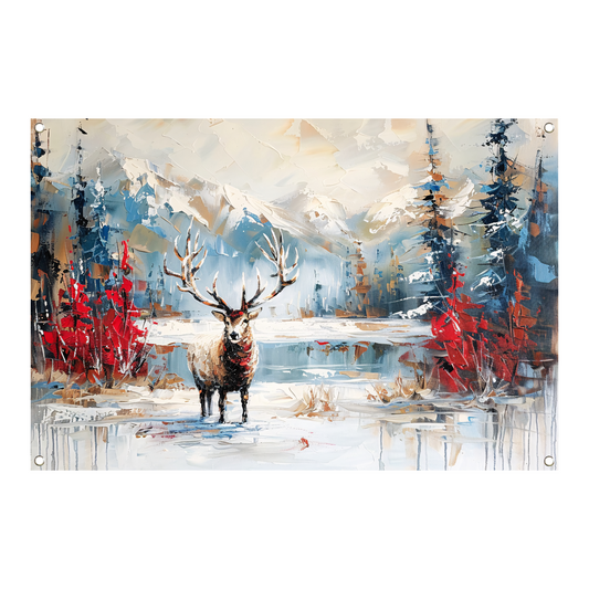Expressief hert in winterlandschap schilderij tuinposter