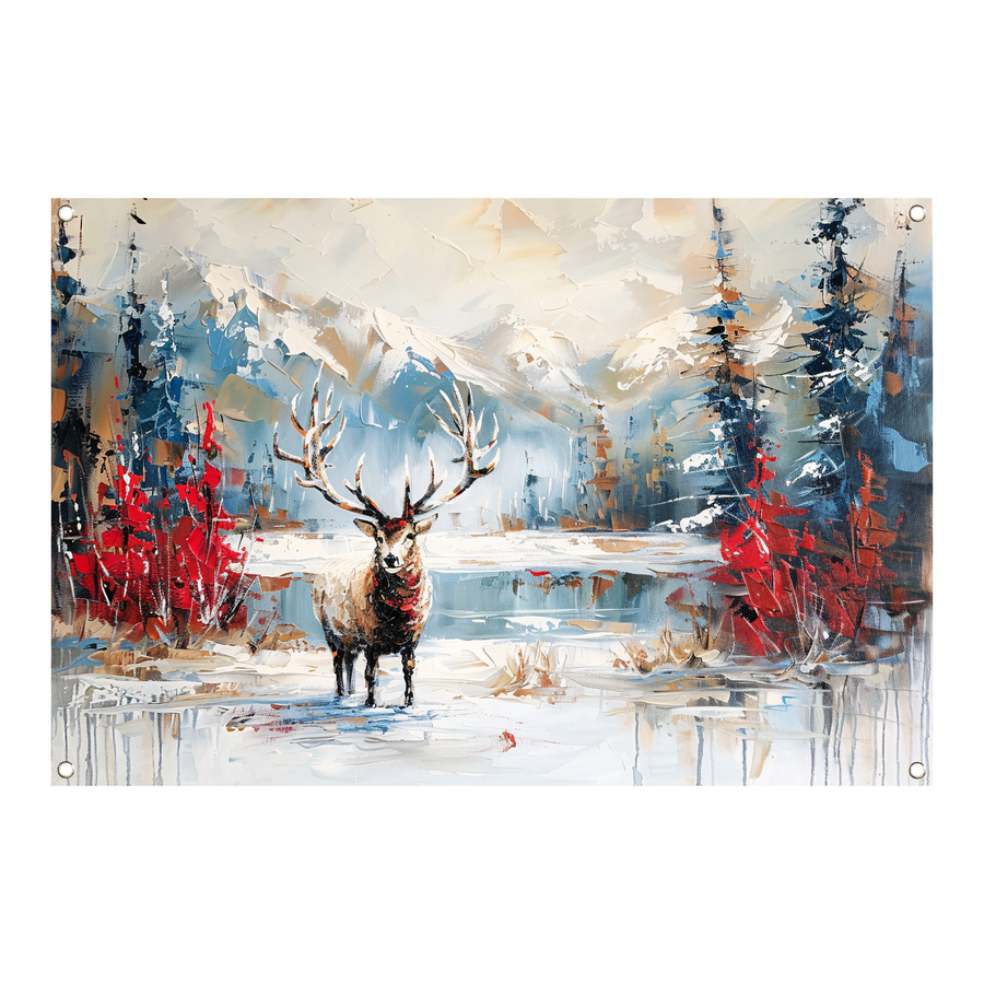 Expressief hert in winterlandschap schilderij tuinposter