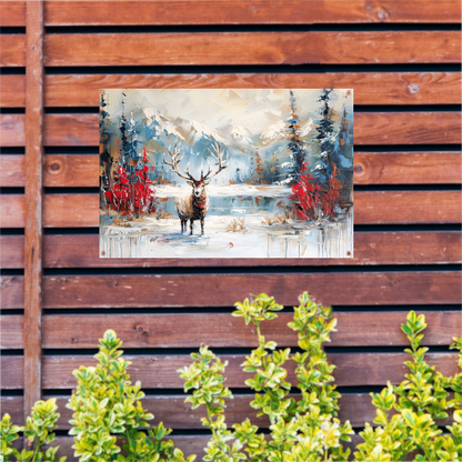 Expressief hert in winterlandschap schilderij tuinposter