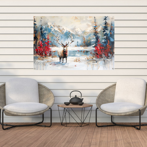 Expressief hert in winterlandschap schilderij tuinposter
