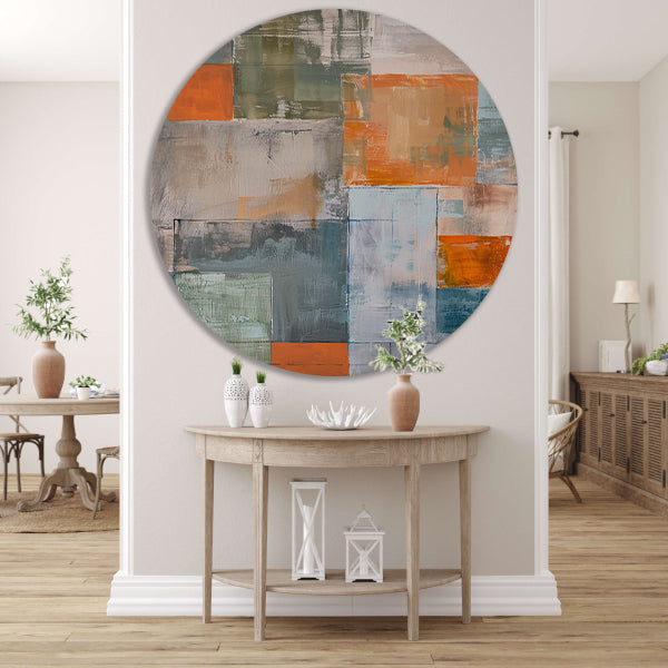 Abstract geometrisch schilderij met kleurblokken aluminium muurcirkel