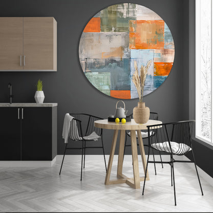 Abstract geometrisch schilderij met kleurblokken aluminium muurcirkel