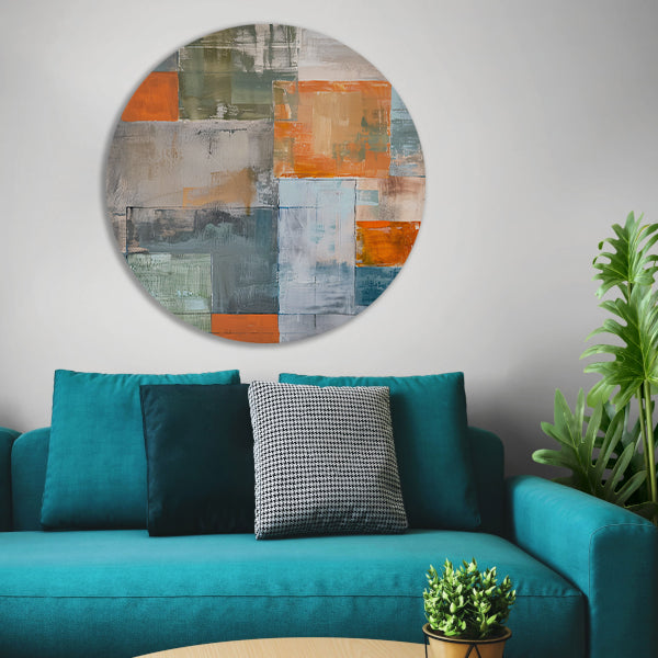 Abstract geometrisch schilderij met kleurblokken aluminium muurcirkel