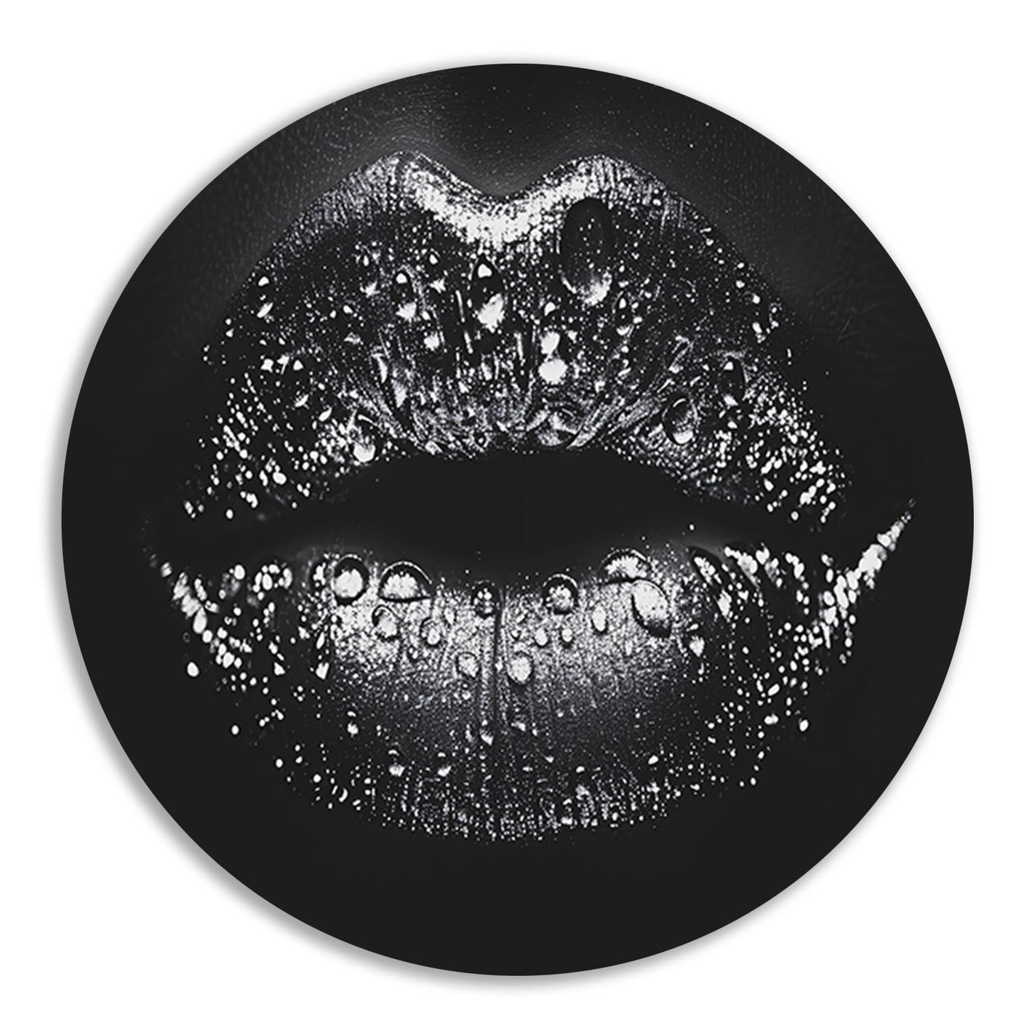Close-up van glinsterende lippen in zwart en wit aluminium muurcirkel