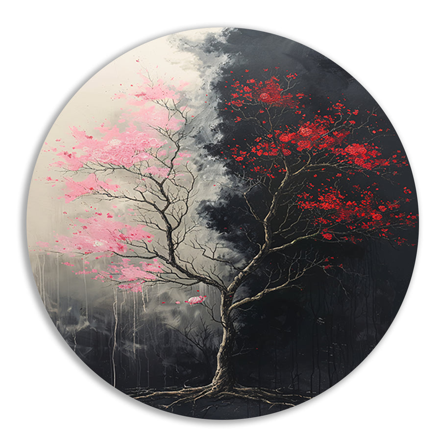 Abstract  van boom met roze en rode bladeren aluminium muurcirkel
