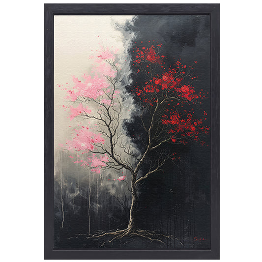 Abstract  van boom met roze en rode bladeren canvas met baklijst