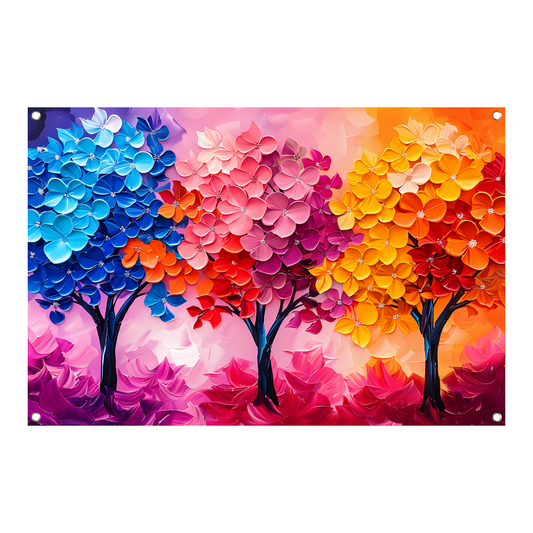 Kleurrijke abstracte bomen en bloemen schilderij tuinposter