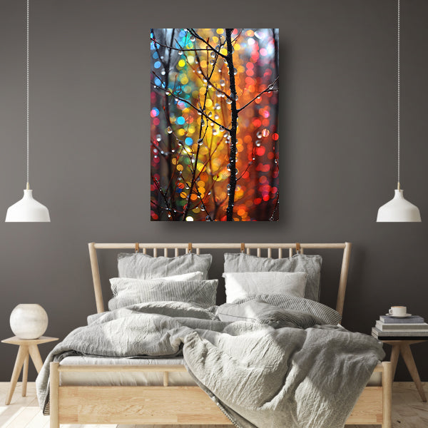 Glinsterende dauwdruppels op Kleurrijk takken canvas met baklijst