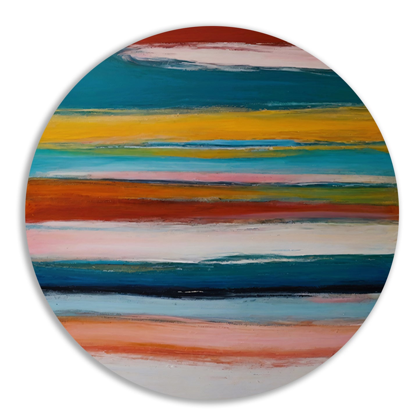 Abstracte horizon in rood, geel en blauw aluminium muurcirkel