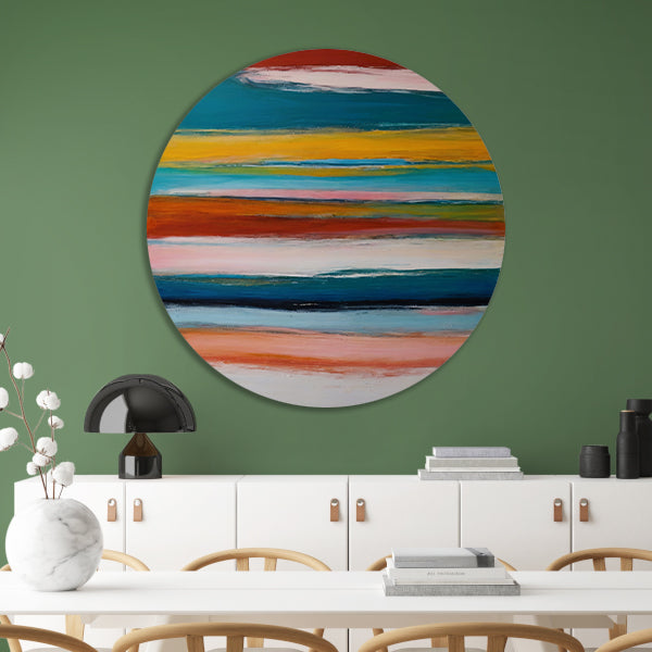 Abstracte horizon in rood, geel en blauw aluminium muurcirkel