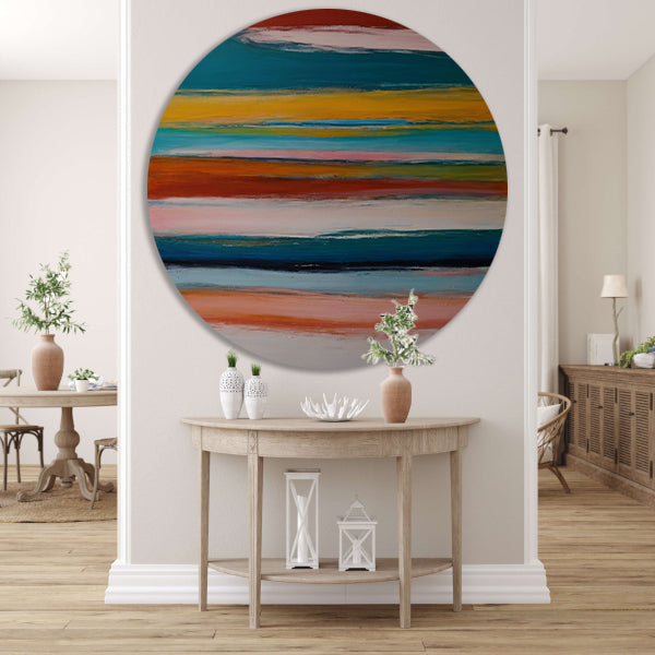 Abstracte horizon in rood, geel en blauw aluminium muurcirkel