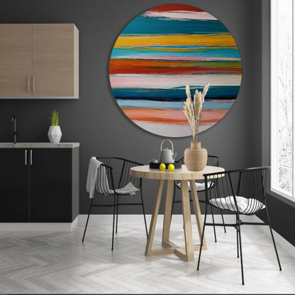 Abstracte horizon in rood, geel en blauw aluminium muurcirkel