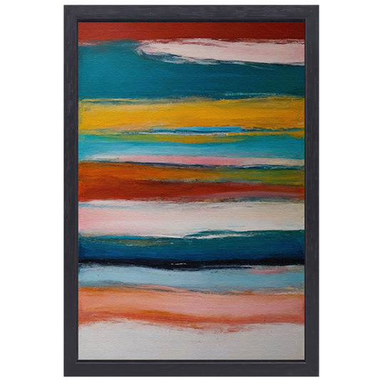 Abstracte horizon in rood, geel en blauw canvas met baklijst