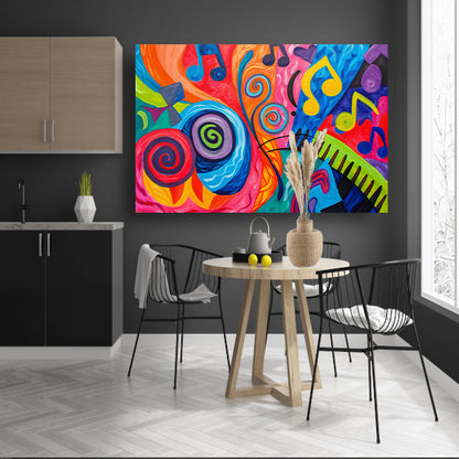 Kleurrijke abstracte kunst met muzieknoten canvas met baklijst