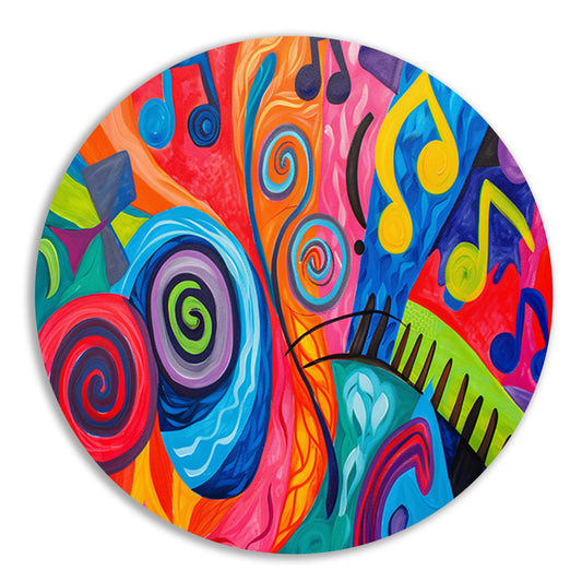 Kleurrijke abstracte kunst met muzieknoten aluminium muurcirkel