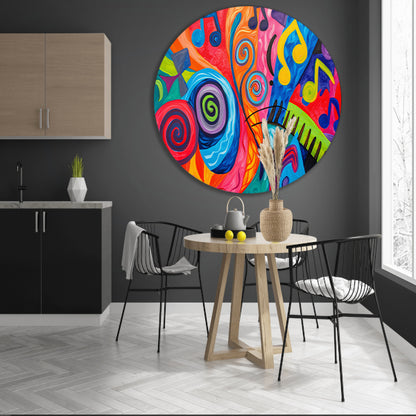 Kleurrijke abstracte kunst met muzieknoten aluminium muurcirkel