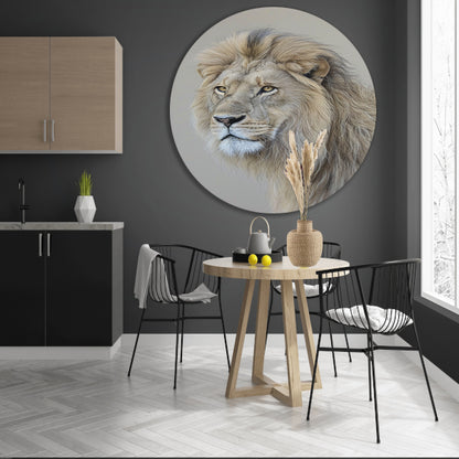 Realistisch portret van een majestueuze leeuw aluminium muurcirkel